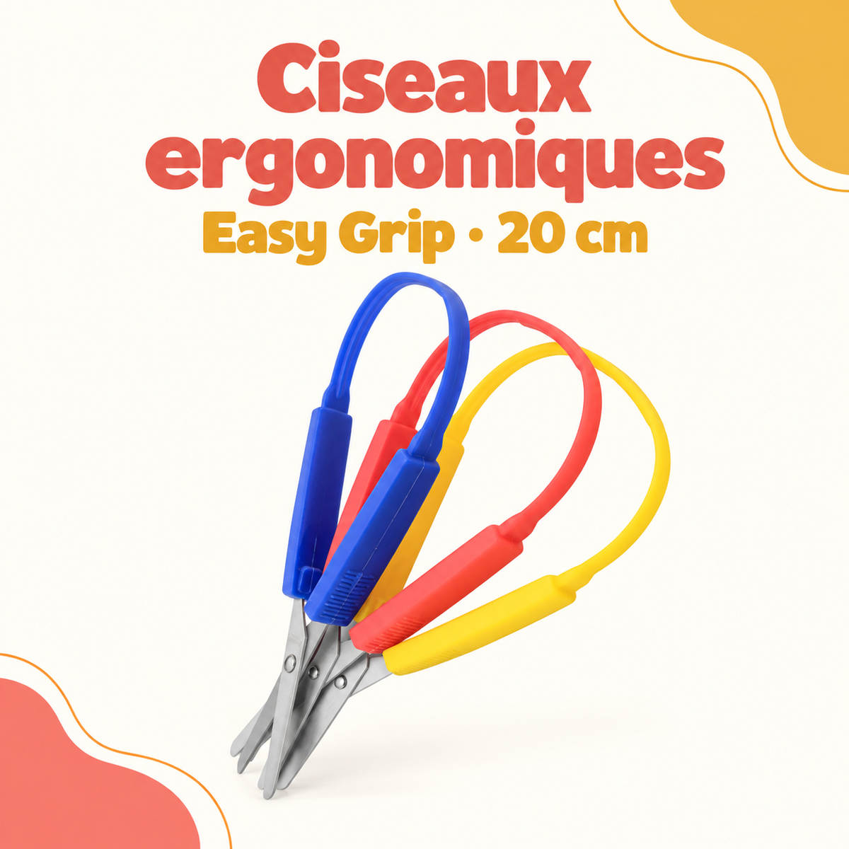 Ciseaux ergonomiques à ressort Easy Grip de 20 cm, avec poignées bleue, rouge et jaune.