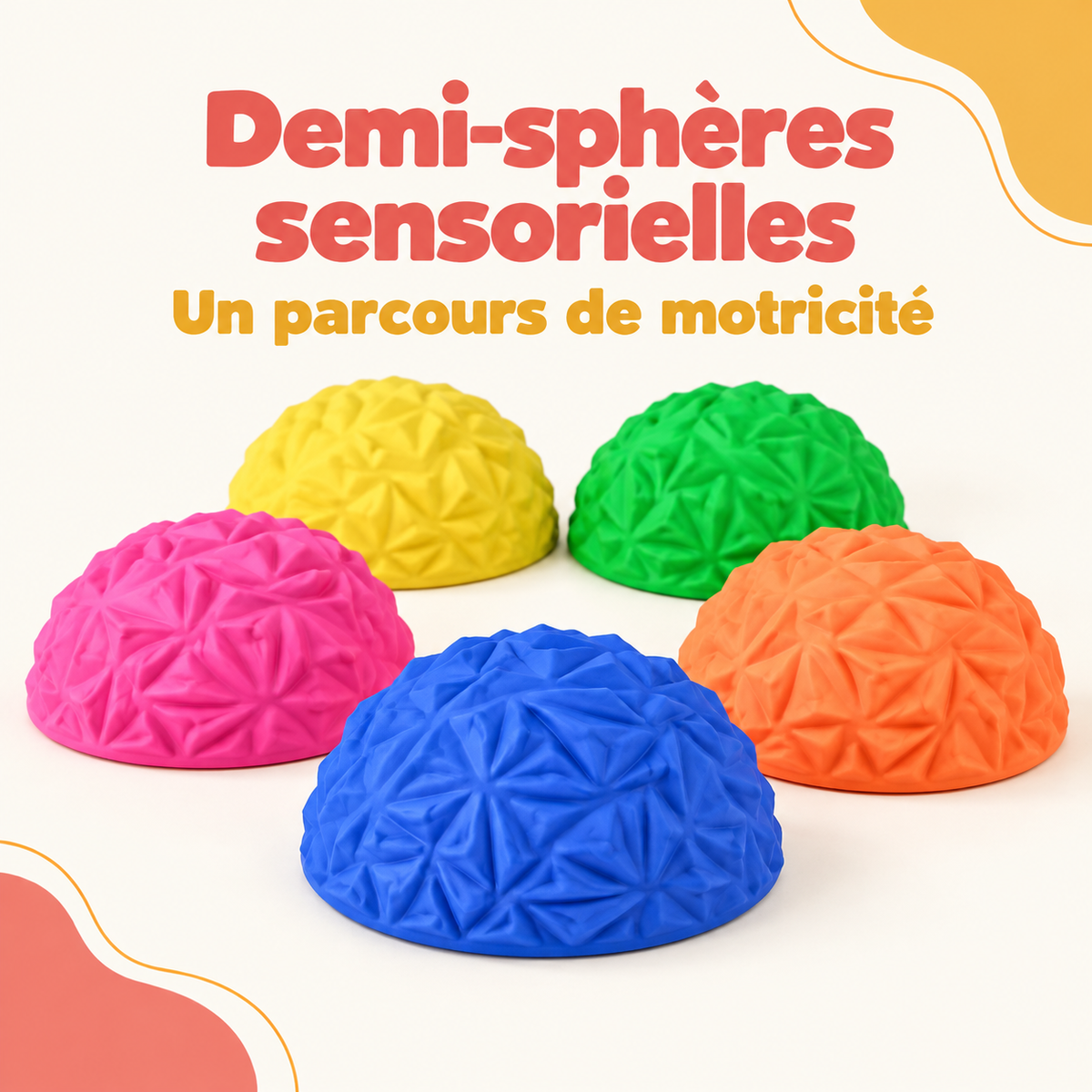 Demi-sphères sensorielles colorées à picots pour les parcours de motricité.