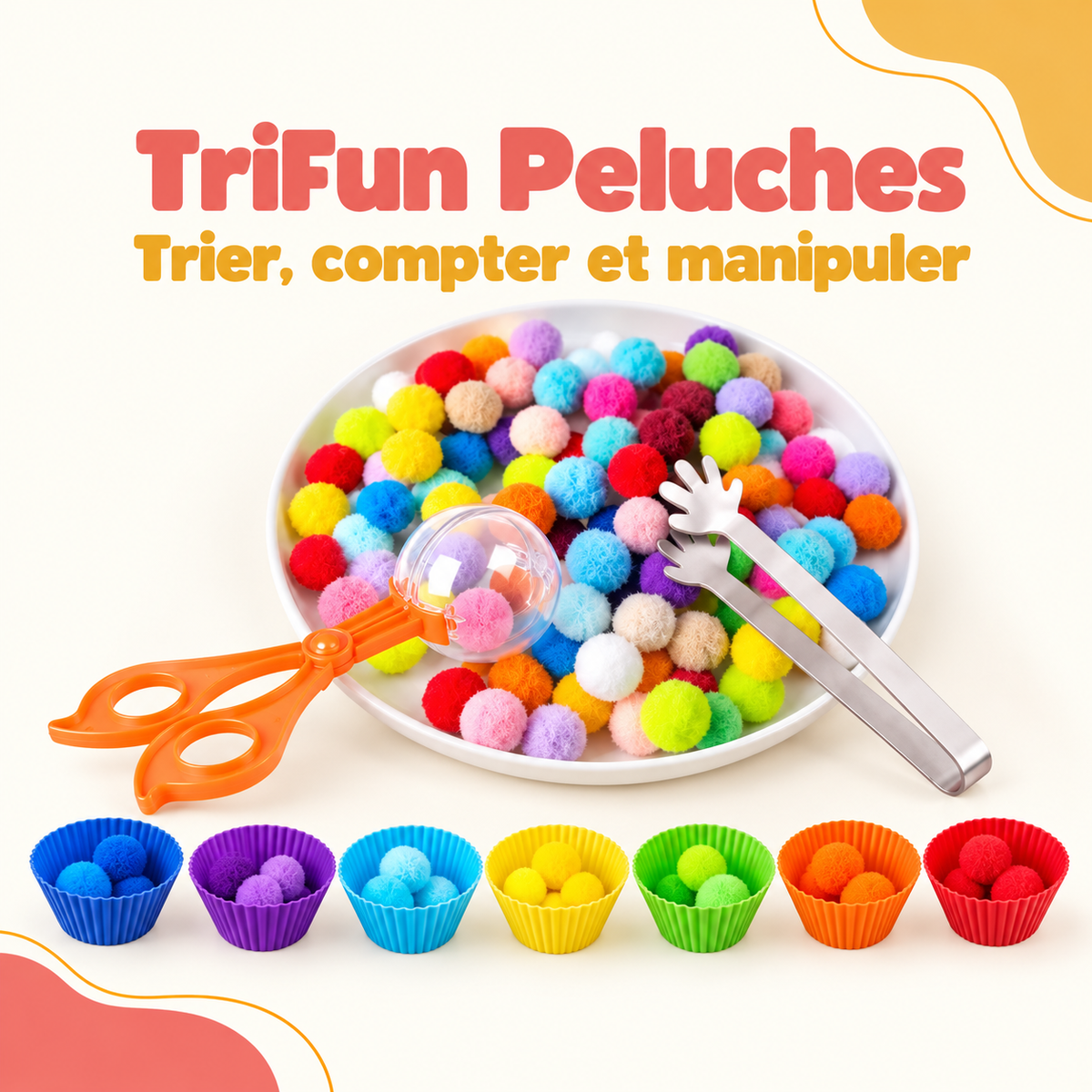 Jeu TriFun Peluches avec pompons colorés, coupelles et accessoires de tri.