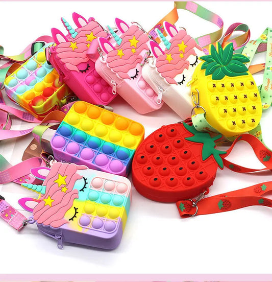 Sacs à Bandoulière Fidget Toys Licornes et Fruits - Bubble Push-It assortiment