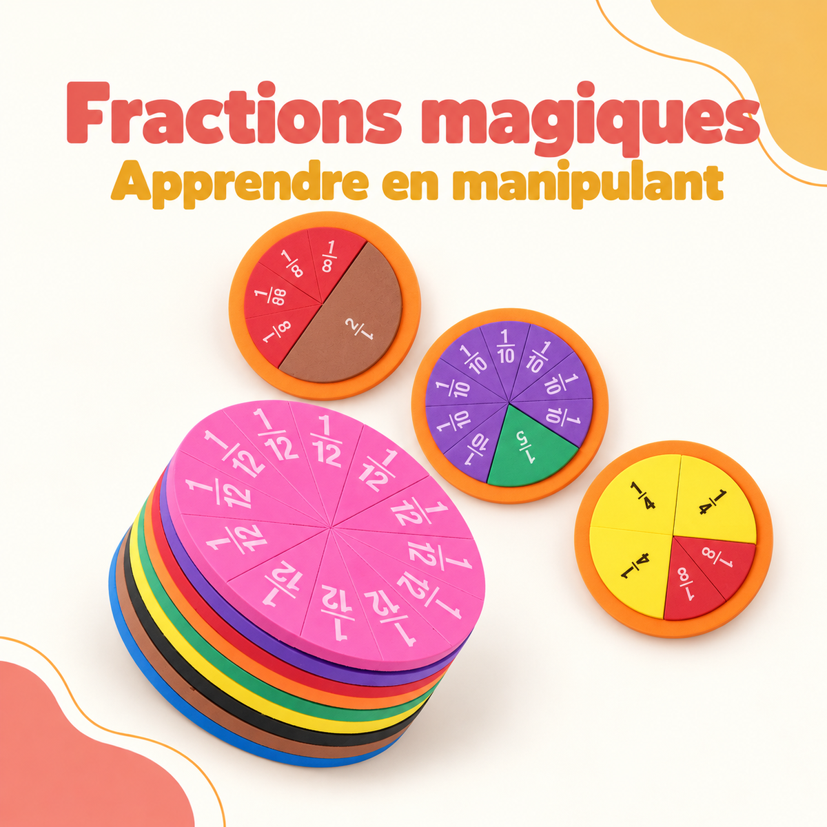 Jeu de fractions magiques avec disques colorés découpés en parts et trois cercles de composition pour apprendre les fractions en manipulant.