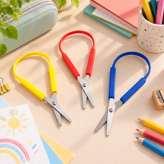 Ciseaux ergonomiques à ressort Easy Grip de 20 cm, bleu, rouge et jaune, posés sur une table de travail.