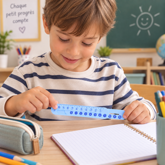 Enfant manipulant une règle magique bleue d’addition et de soustraction en classe devant un cahier.