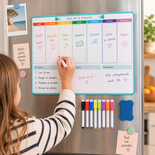 Enfant remplissant un calendrier magnétique hebdomadaire sur un réfrigérateur, avec feutres colorés et effaceur.