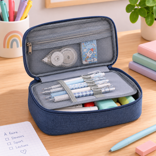 Trousse scolaire bleue à trois compartiments ouverte sur un bureau avec stylos, gomme et fournitures rangés.