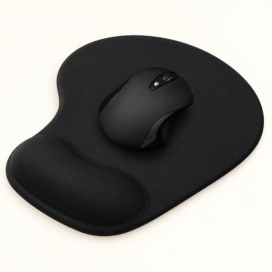Tapis de souris ergonomique noir avec repose-poignet intégré et souris noire sur fond clair.