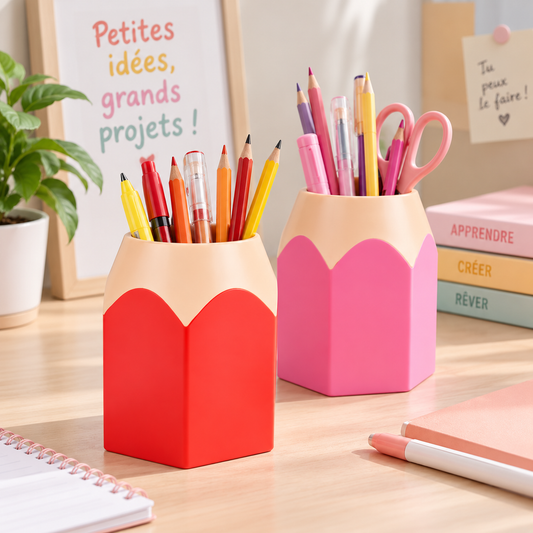 Pots à crayons XXL rouge et rose en forme de crayon, remplis de fournitures sur un bureau.