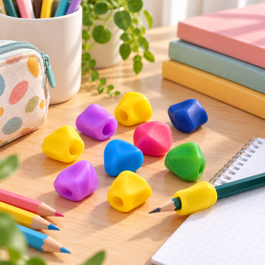 Grips d’écriture ergonomiques en silicone multicolores disposés sur un bureau avec des crayons.