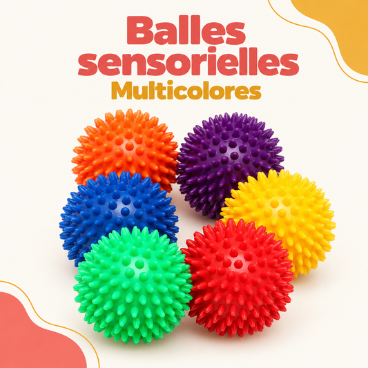 Balles sensorielles multicolores présentant différentes formes et textures.
