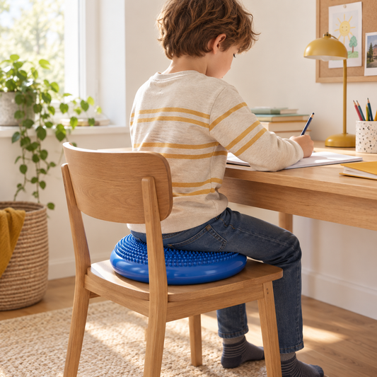 Coussin de concentration bleu à picots utilisé comme assise dynamique pendant les devoirs, mise en situation illustrée