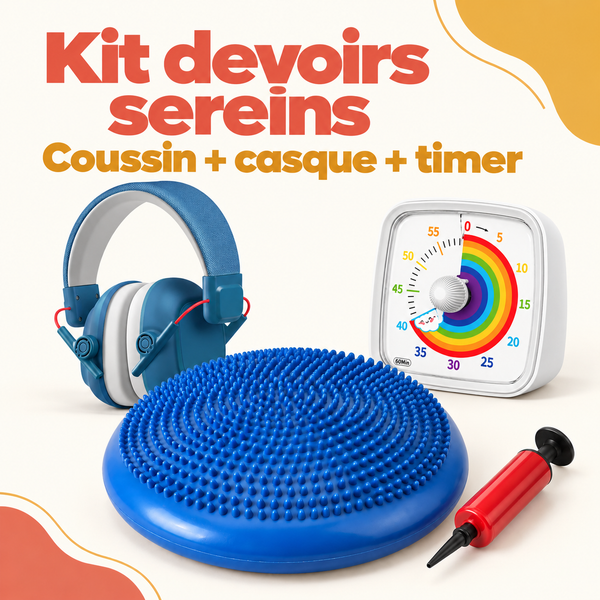 Kit devoirs sereins — casque + Time Timer + coussin