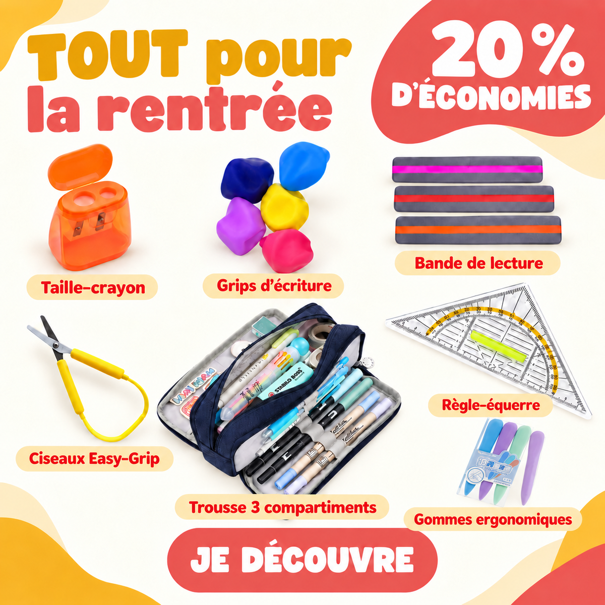 Kit Tout pour la rentrée ApprentiKids : grips d’écriture, taille-crayon, bande de lecture, ciseaux Easy-Grip, trousse à trois compartiments, règle-équerre et gommes ergonomiques.