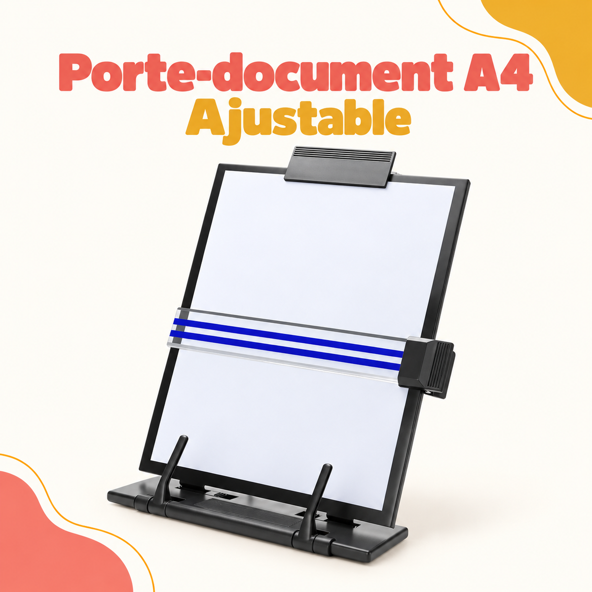 Porte-document A4 ajustable avec pince de maintien et guide de lecture.