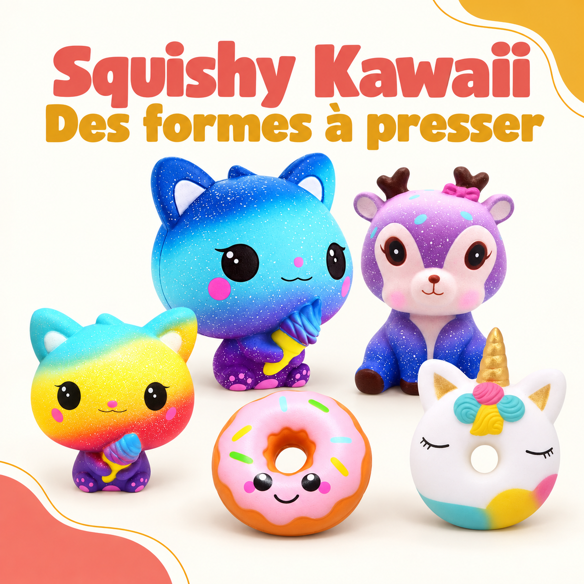 Squishy Kawaii colorés en forme de chats, de cerf et de donuts.