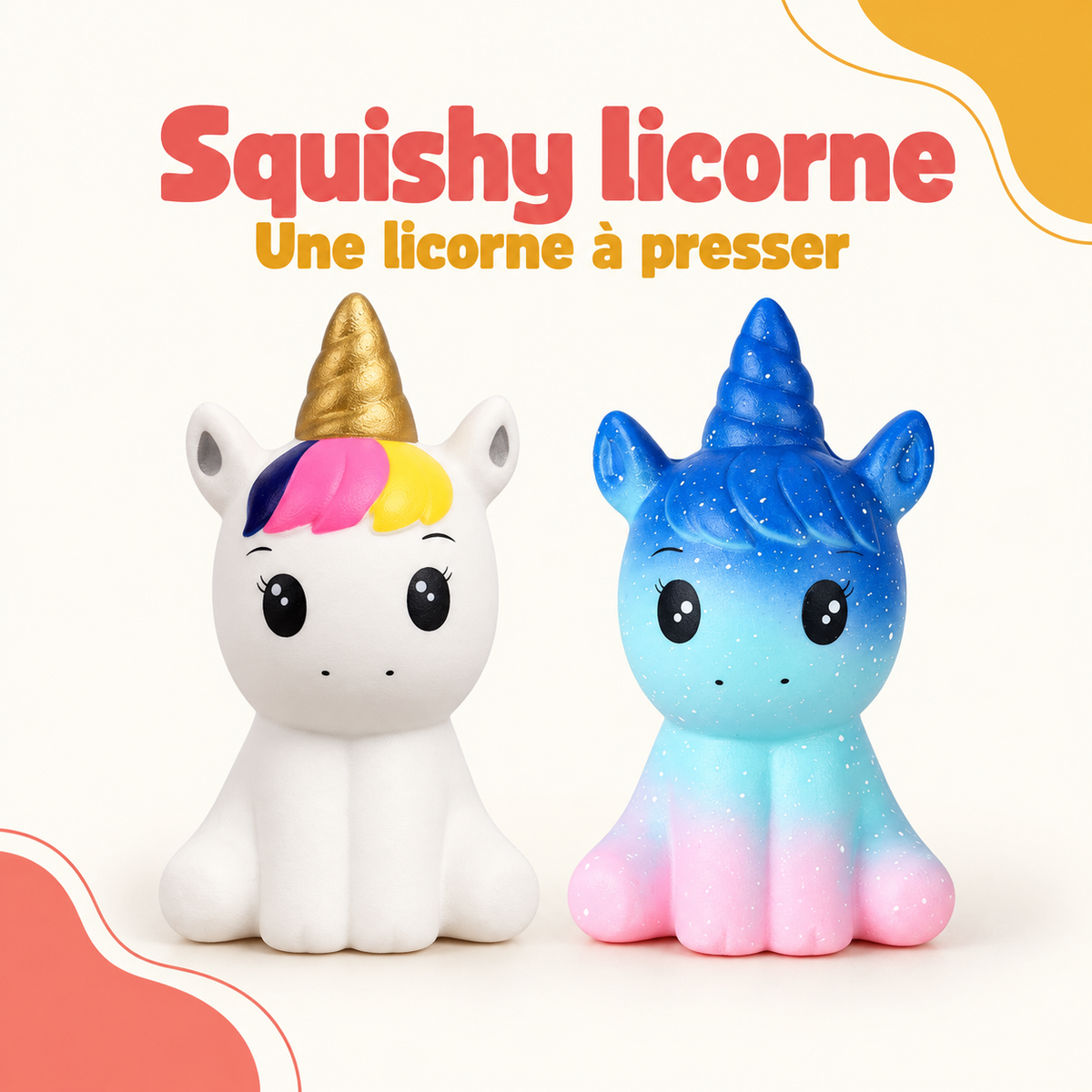 Deux squishy licornes, blanche à corne dorée et bleu pastel à pieds roses.