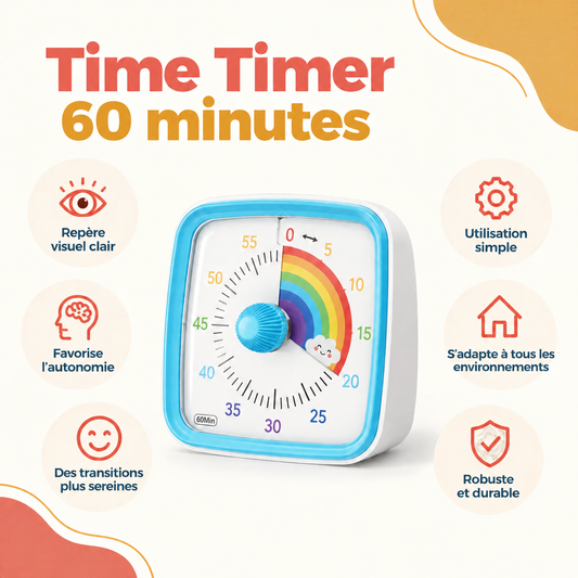 Time Timer visuel 60 minutes bleu avec cadran arc-en-ciel : repère visuel, autonomie, transitions sereines et utilisation simple