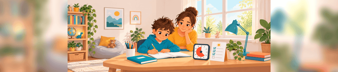 Enfant avec un TDAH faisant ses devoirs avec un timer visuel, accompagné par sa mère