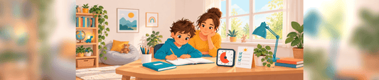 Enfant avec un TDAH faisant ses devoirs avec un timer visuel, accompagné par sa mère