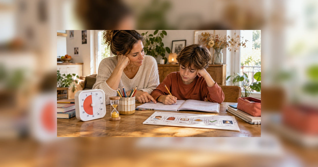 Enfant TDAH accompagné pendant les devoirs avec Time Timer, sablier et planning visuel
