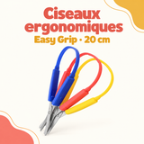 Ciseaux ergonomiques à ressort Easy Grip de 20 cm, avec poignées bleue, rouge et jaune.