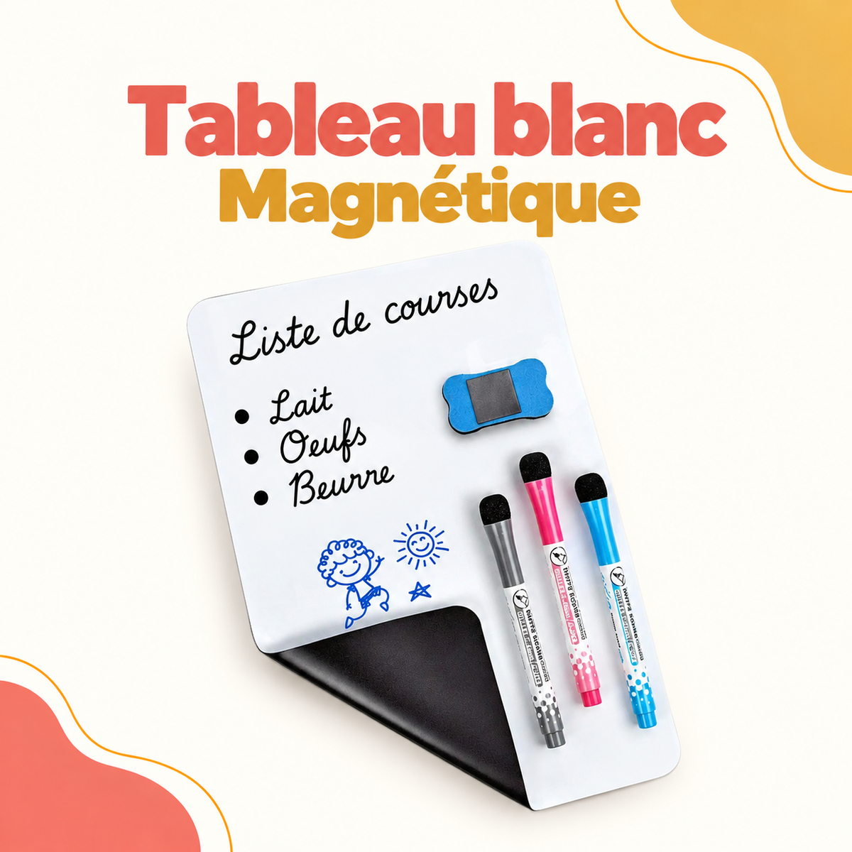 Tableau blanc magnétique souple avec feutres et effaceur, présenté avec une liste manuscrite.