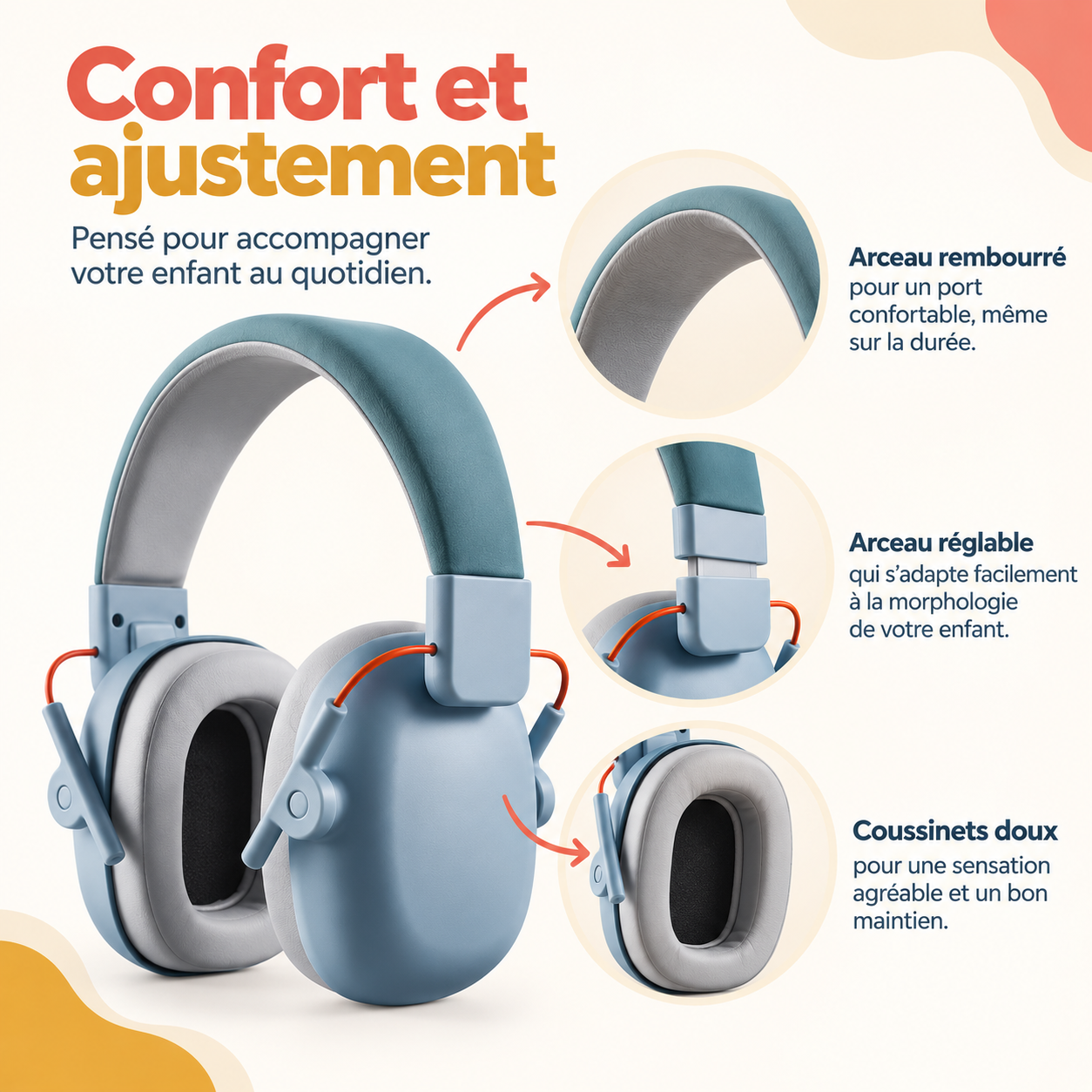 Arceau réglable et coussinets du casque anti bruit enfant