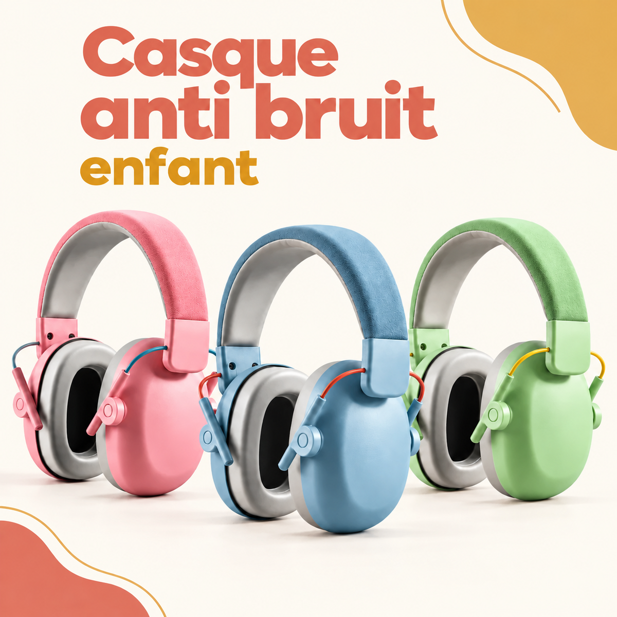 Trois casques antibruit pour enfant en rose, bleu et vert, avec arceau rembourré et coussinets gris, présentés sur fond crème.