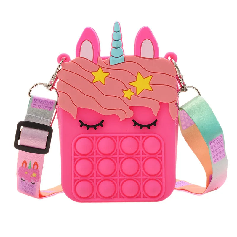 Sacs à Bandoulière Fidget Toys Licornes et Fruits - Bubble Push-It - Licorne Carré Rose