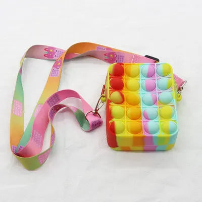 Sacs à Bandoulière Fidget Toys Licornes et Fruits - Bubble Push-It Carré Arc en Ciel