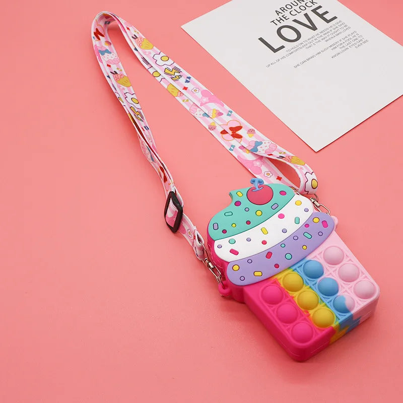 Sacs à Bandoulière Fidget Toys Licornes et Fruits - Bubble Push-It Gateaux Rose