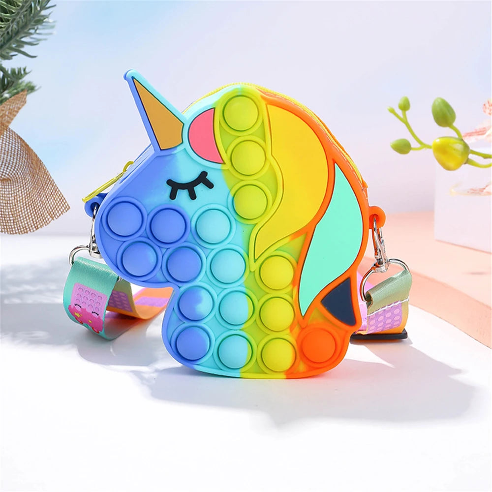 Sacs à Bandoulière Fidget Toys Licornes et Fruits - Bubble Push-It Licorne Arc en Ciel