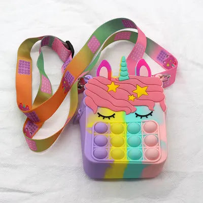 Sacs à Bandoulière Fidget Toys Licornes et Fruits - Bubble Push - Licorne Carré Arc en ciel