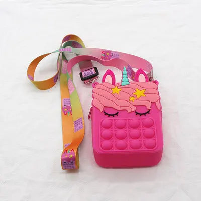 Sacs à Bandoulière Fidget Toys Licornes et Fruits - Bubble Push-It Licorne Carré Rose