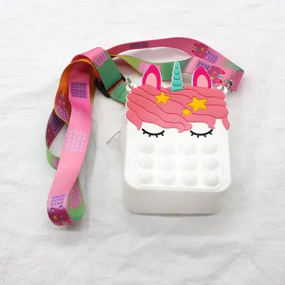 Sacs à Bandoulière Fidget Toys Licornes et Fruits - Bubble Push-It Licorne Carré Blanche