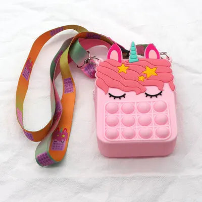 Sacs à Bandoulière Fidget Toys Licornes et Fruits - Bubble Push-It Licorne Carré Rose Poudré
