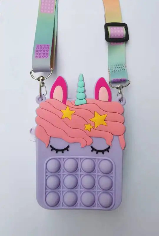 Sacs à Bandoulière Fidget Toys Licornes et Fruits - Bubble Push-It Licorne Carré Mauve