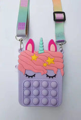 Sacs à Bandoulière Fidget Toys Licornes et Fruits - Bubble Push-It Licorne Carré Mauve