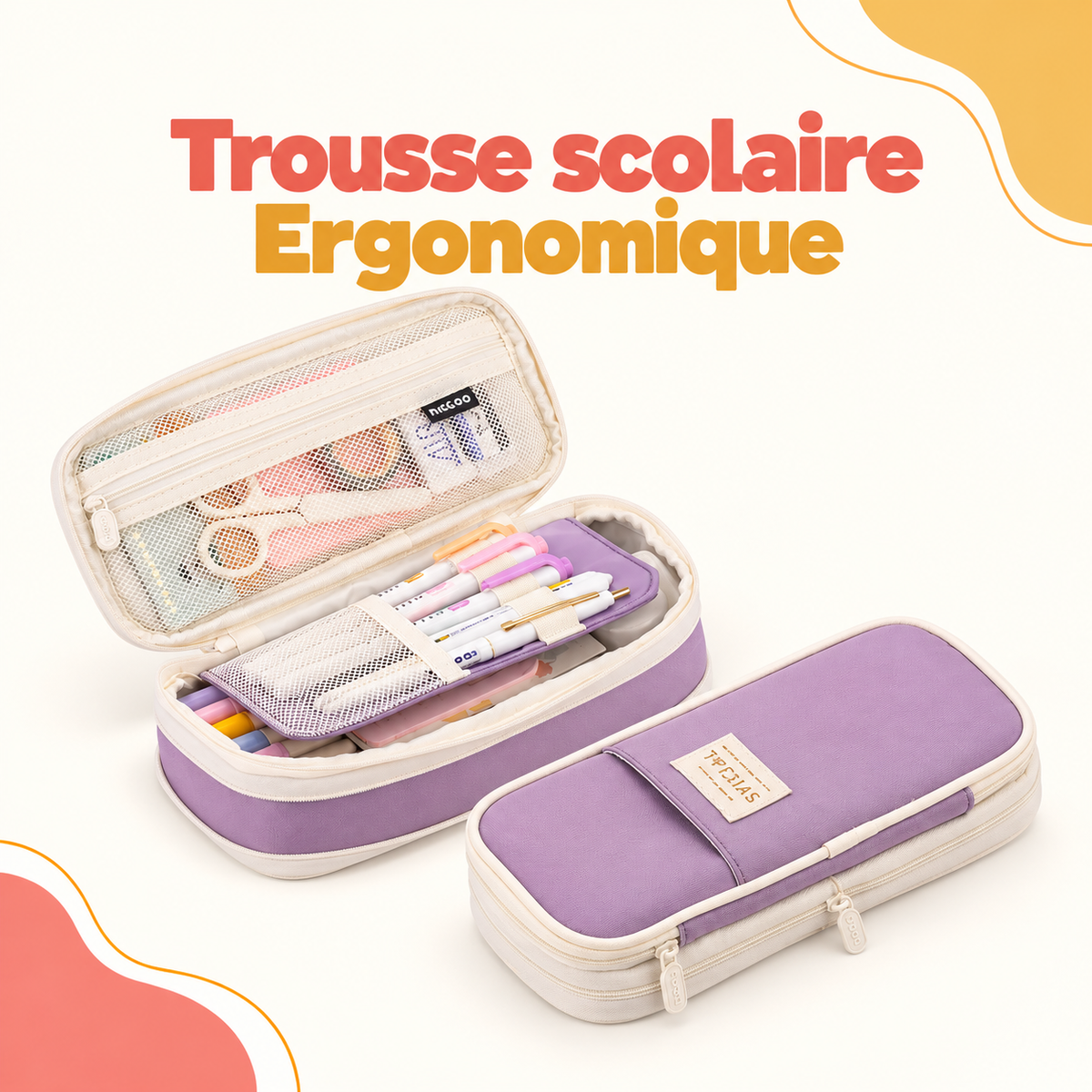 Trousse scolaire ergonomique violette et beige, présentée ouverte avec ses rangements et fermée.