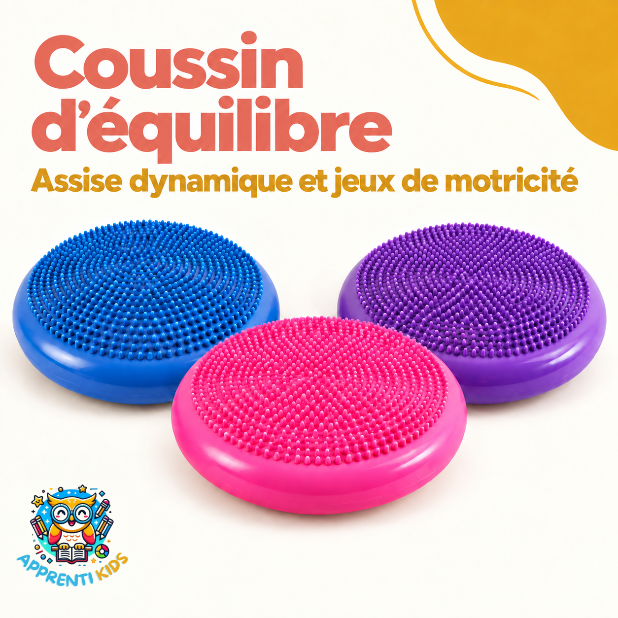 Coussin d’équilibre à picots pour assise dynamique, bleu, rose et violet, avec logo officiel ApprentiKids