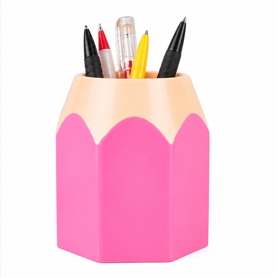 Pot à crayons XXL rose en forme de crayon, rempli de stylos sur fond blanc.