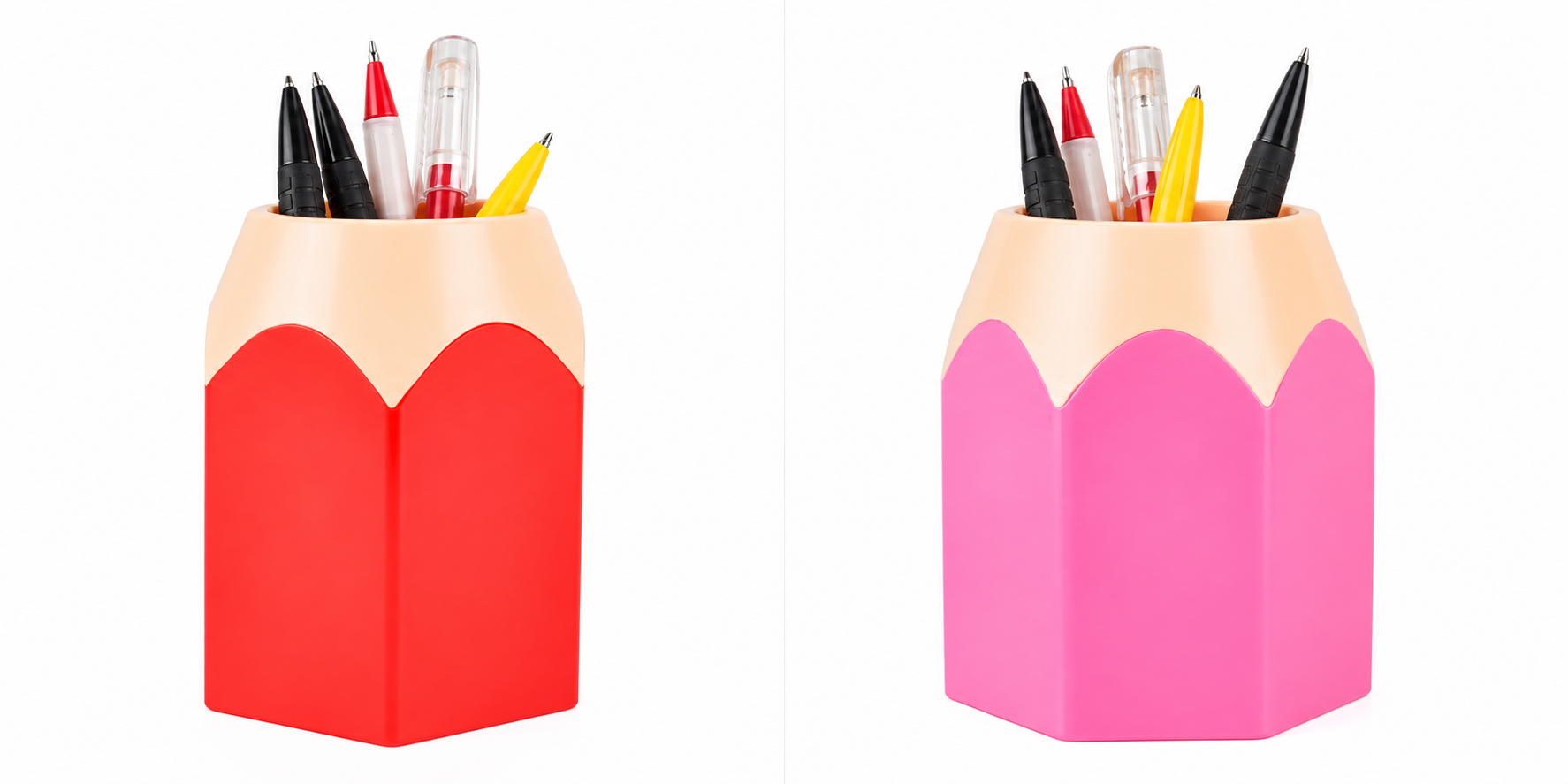 Pots à crayons XXL rouge et rose en forme de crayon, présentés côte à côte sur fond blanc.