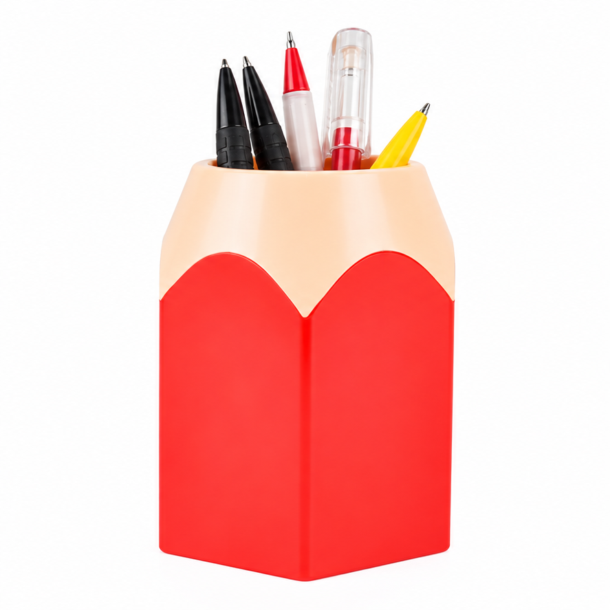 Pot à crayons XXL rouge en forme de crayon, rempli de stylos sur fond blanc.