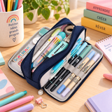 Trousse scolaire bleu marine à trois compartiments ouverte sur un bureau, avec stylos et fournitures rangés.