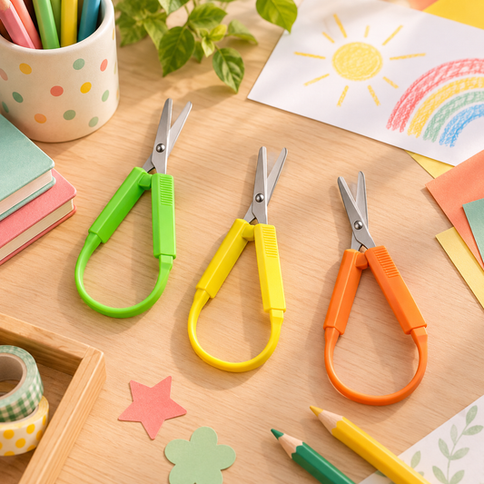 Ciseaux ergonomiques Easy-Grip pour enfant de 13,5 cm, vert, jaune et orange, sur un bureau créatif.