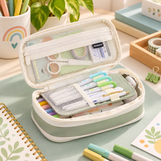 Trousse scolaire ergonomique verte ouverte sur un bureau, avec ses fournitures rangées dans les compartiments.