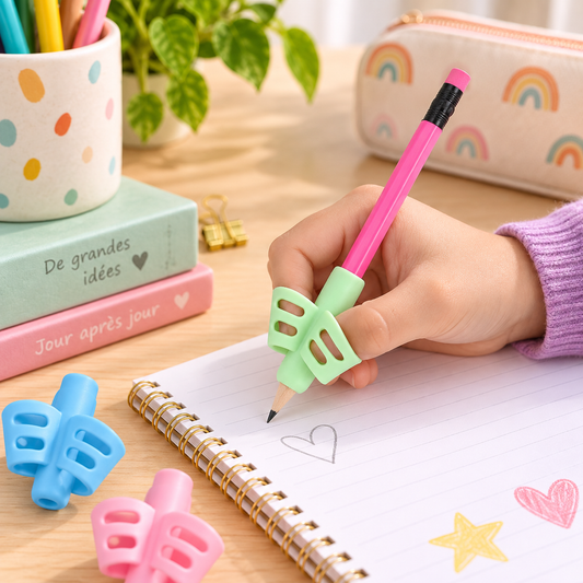 Main utilisant un grip d’écriture ergonomique vert sur un crayon, avec grips bleu et rose sur le bureau.