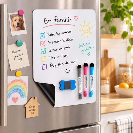 Tableau blanc magnétique sur un réfrigérateur avec une liste familiale, des feutres et un effaceur.