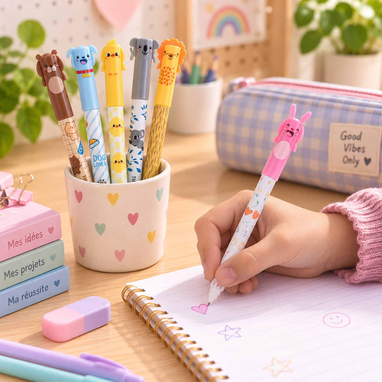Stylos gel effaçables Kawaii à motifs animaux sur un bureau, avec un stylo rose utilisé sur un cahier.