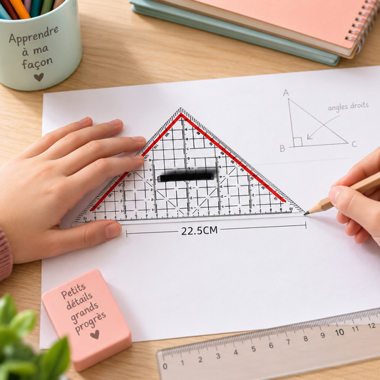 Règle équerre ergonomique transparente avec poignée noire utilisée pour tracer sur une feuille.