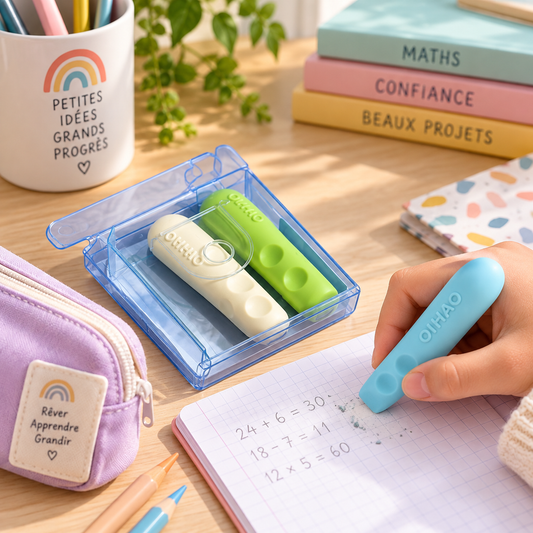Gommes ergonomiques à encoches bleu, beige et vert dans leur boîte, avec une gomme bleue utilisée sur un cahier.